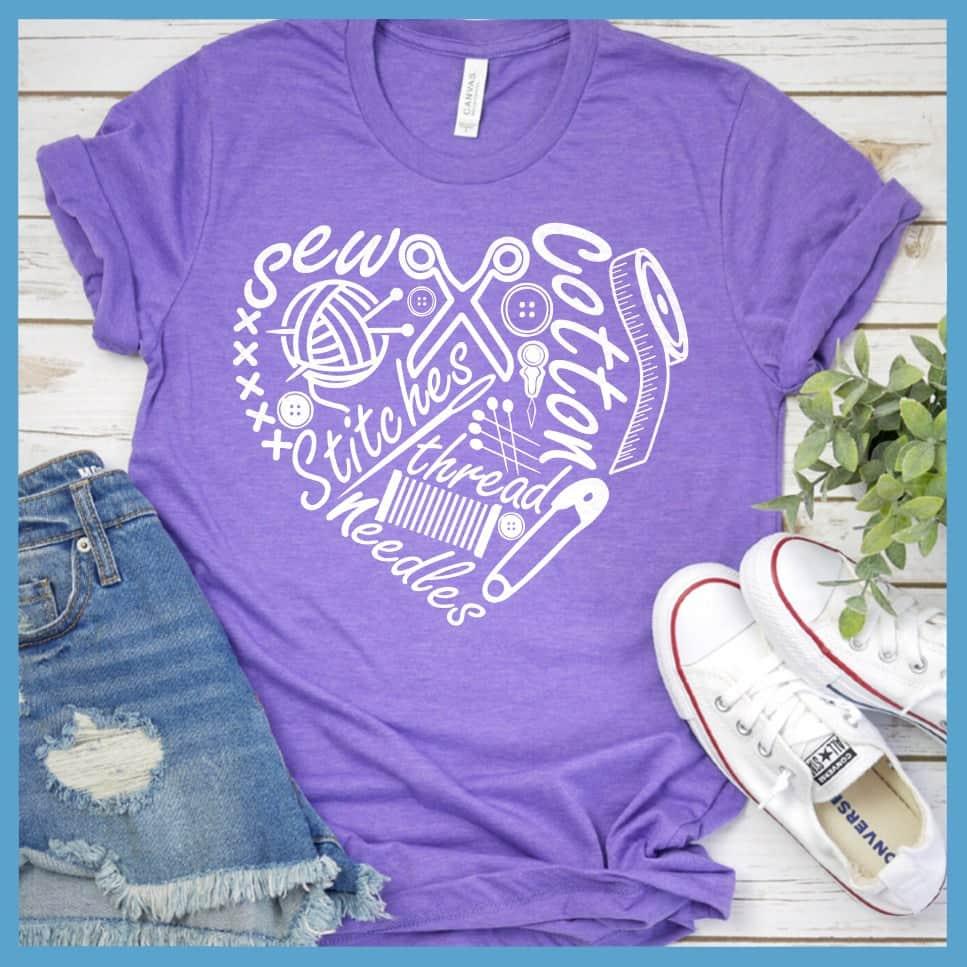 Sewing Heart T-Shirt Heather Purple - Craft-inspired Sewing Heart T-shirt with playful design for stylish artisans.