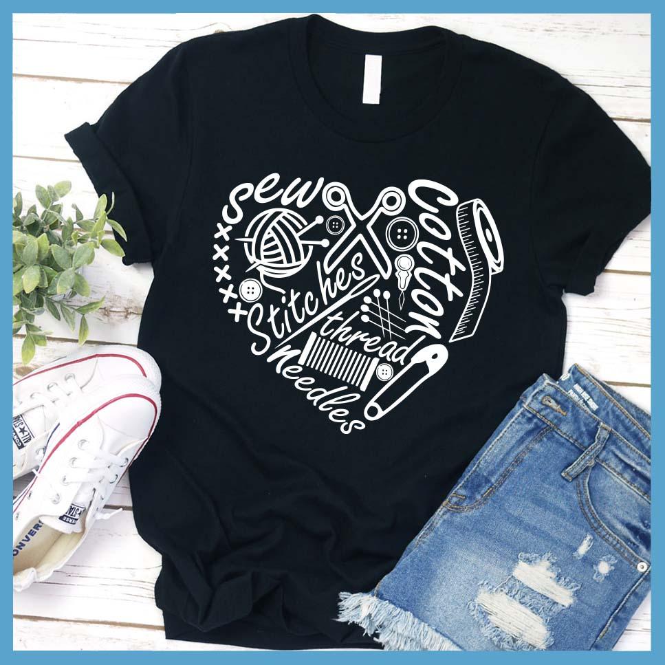 Sewing Heart T-Shirt Black - Craft-inspired Sewing Heart T-shirt with playful design for stylish artisans.
