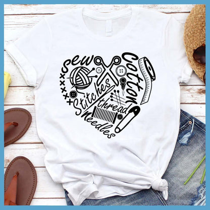 Sewing Heart T-Shirt White - Craft-inspired Sewing Heart T-shirt with playful design for stylish artisans.