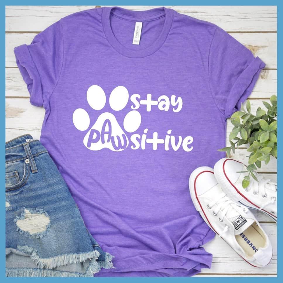 Stay Pawsitive T-Shirt Heather Purple - Graphic tee with "Stay Pawsitive" message featuring a paw print design for pet lovers.