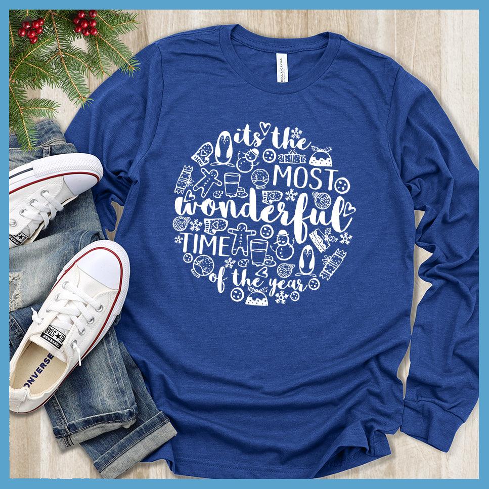 Most Wonderful Time Of The Year Long Sleeves True Royal - Festive holiday-themed long sleeve tee with cheerful graphics celebrating the season.