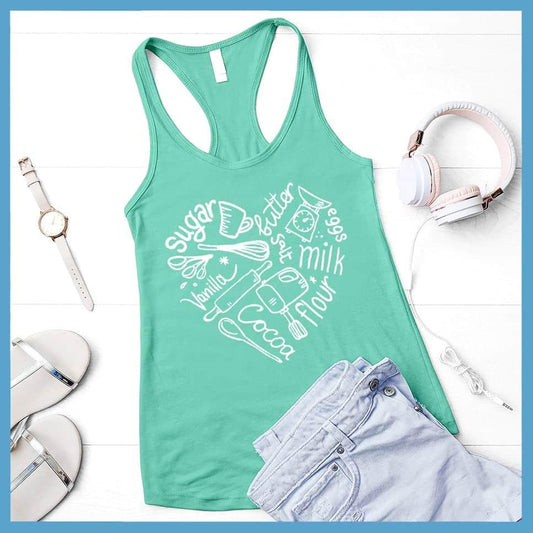 Bakery Heart Tank Top Teal - Whimsical baking-inspired heart graphic on a casual tank top.
