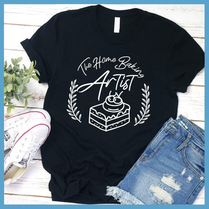 The Home Baking Artist T-Shirt Black - Casual baking-themed graphic t-shirt with dessert design, perfect for culinary enthusiasts.