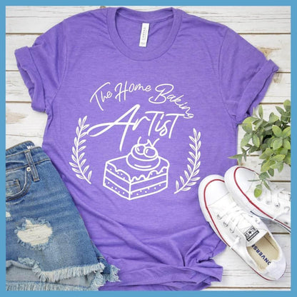 The Home Baking Artist T-Shirt Heather Purple - Casual baking-themed graphic t-shirt with dessert design, perfect for culinary enthusiasts.