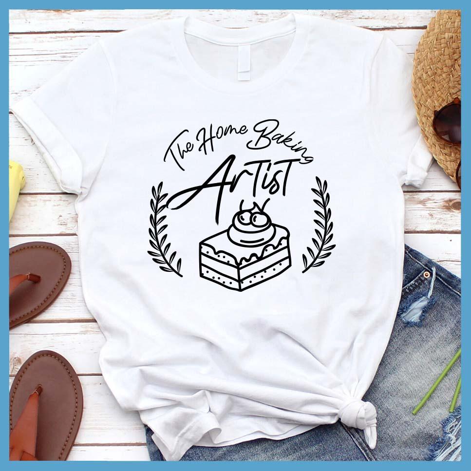 The Home Baking Artist T-Shirt White - Casual baking-themed graphic t-shirt with dessert design, perfect for culinary enthusiasts.