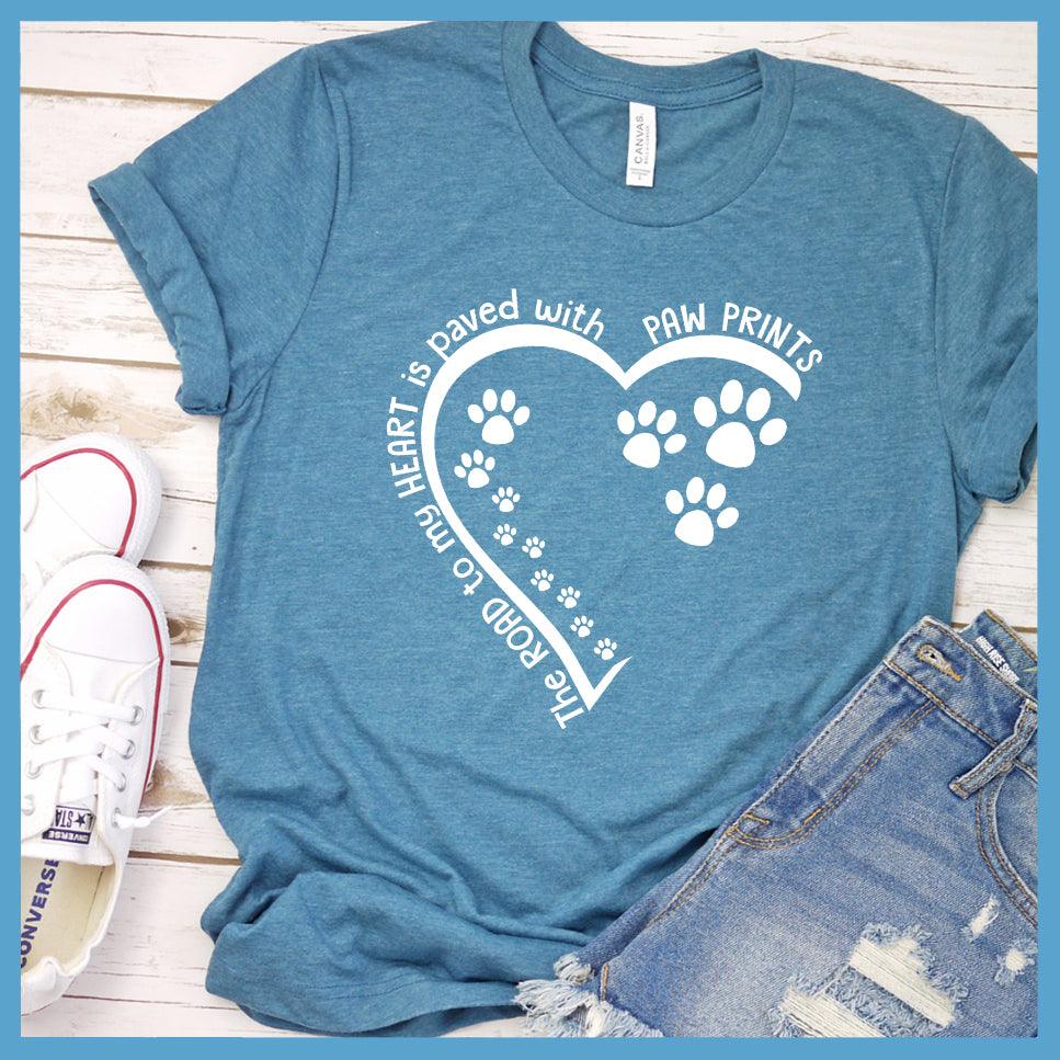 The Way To My Heart Is Paved With Paw Prints T-Shirt Heather Deep Teal - Heart and paw print design on casual T-shirt symbolizing love for pets.