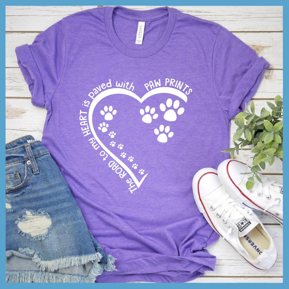 The Way To My Heart Is Paved With Paw Prints T-Shirt Heather Purple - Heart and paw print design on casual T-shirt symbolizing love for pets.