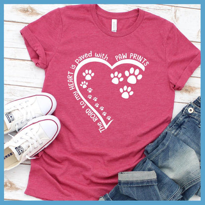 The Way To My Heart Is Paved With Paw Prints T-Shirt Heather Raspberry - Heart and paw print design on casual T-shirt symbolizing love for pets.