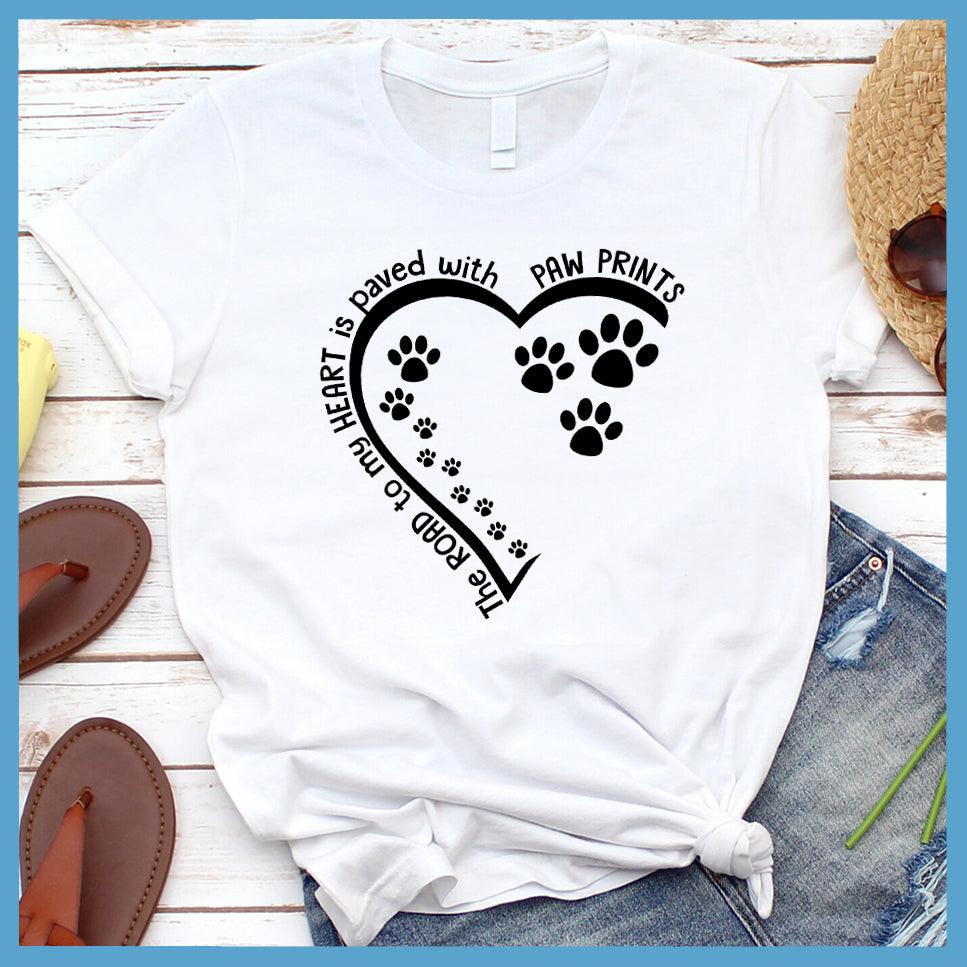The Way To My Heart Is Paved With Paw Prints T-Shirt White - Heart and paw print design on casual T-shirt symbolizing love for pets.