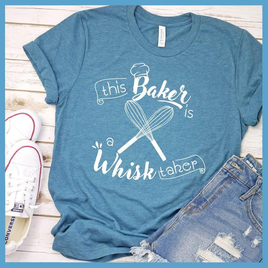 This Baker Is A Whisk Taker T-Shirt Heather Deep Teal - Chef pun graphic t-shirt with whimsical "This Baker Is A Whisk Taker" design.