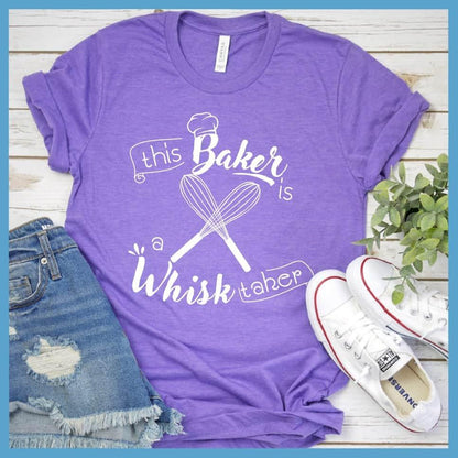 This Baker Is A Whisk Taker T-Shirt Heather Purple - Chef pun graphic t-shirt with whimsical "This Baker Is A Whisk Taker" design.