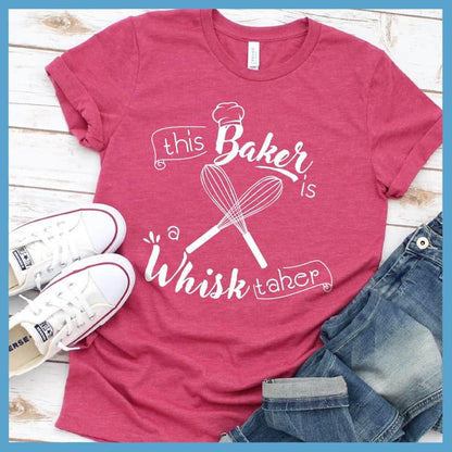 This Baker Is A Whisk Taker T-Shirt Heather Raspberry - Chef pun graphic t-shirt with whimsical "This Baker Is A Whisk Taker" design.