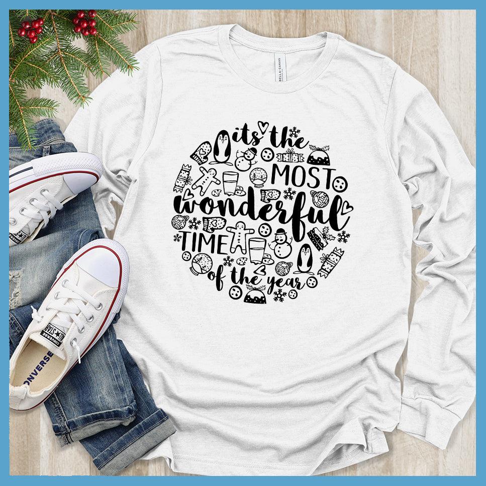 Most Wonderful Time Of The Year Long Sleeves White - Festive holiday-themed long sleeve tee with cheerful graphics celebrating the season.
