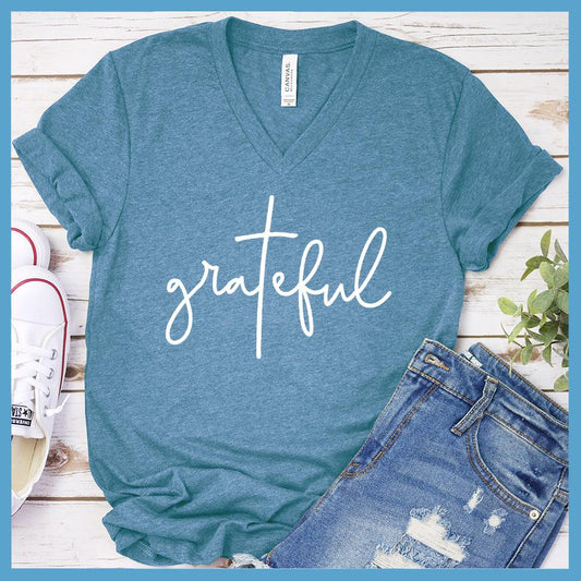 Grateful V-neck Heather Deep Teal - Comfy V-neck tee with 'grateful' script design for effortless everyday style.