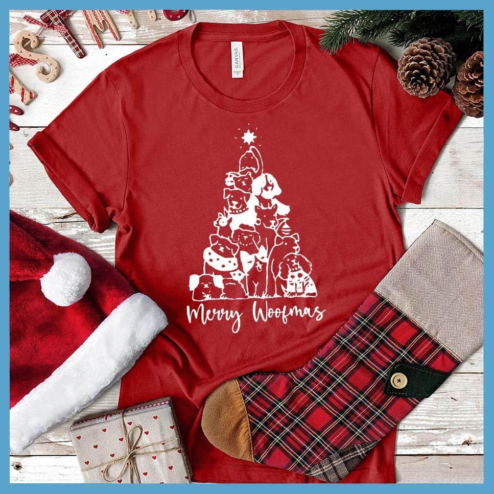 Merry Woofmas T-Shirt Canvas Red - Illustrated Merry Woofmas holiday t-shirt with dog-themed Christmas tree design