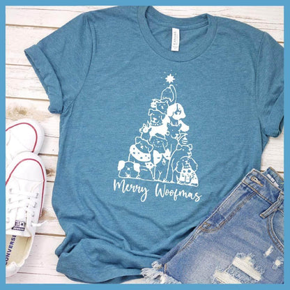 Merry Woofmas T-Shirt Heather Deep Teal - Illustrated Merry Woofmas holiday t-shirt with dog-themed Christmas tree design
