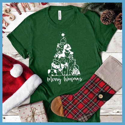 Merry Woofmas T-Shirt Heather Grass Green - Illustrated Merry Woofmas holiday t-shirt with dog-themed Christmas tree design