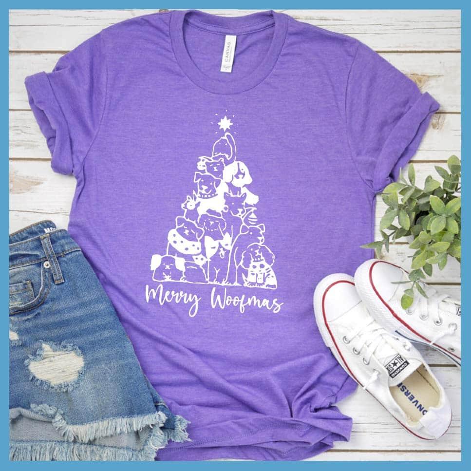 Merry Woofmas T-Shirt Heather Purple - Illustrated Merry Woofmas holiday t-shirt with dog-themed Christmas tree design