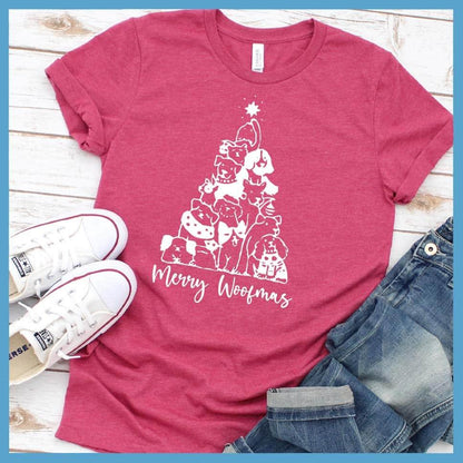 Merry Woofmas T-Shirt Heather Raspberry - Illustrated Merry Woofmas holiday t-shirt with dog-themed Christmas tree design