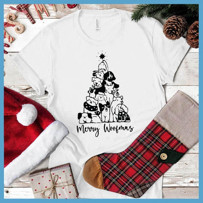 Merry Woofmas T-Shirt White - Illustrated Merry Woofmas holiday t-shirt with dog-themed Christmas tree design