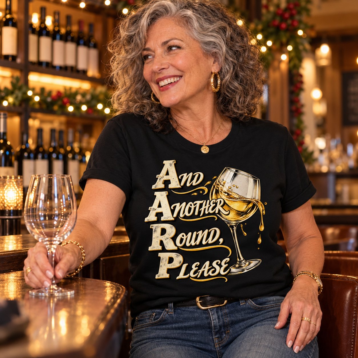 A woman sliding her empty glass to the bartender in the And Another Round, Please shirt
