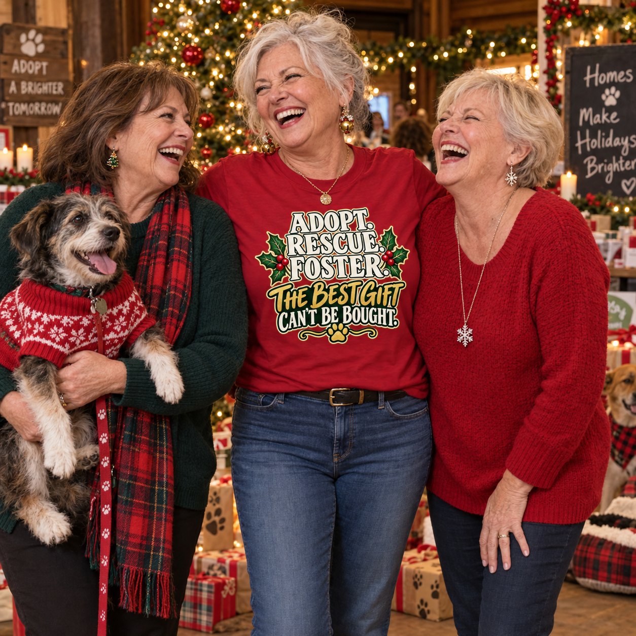 Three friends at a holiday adoption event cuddling a mutt in a Christmas sweater