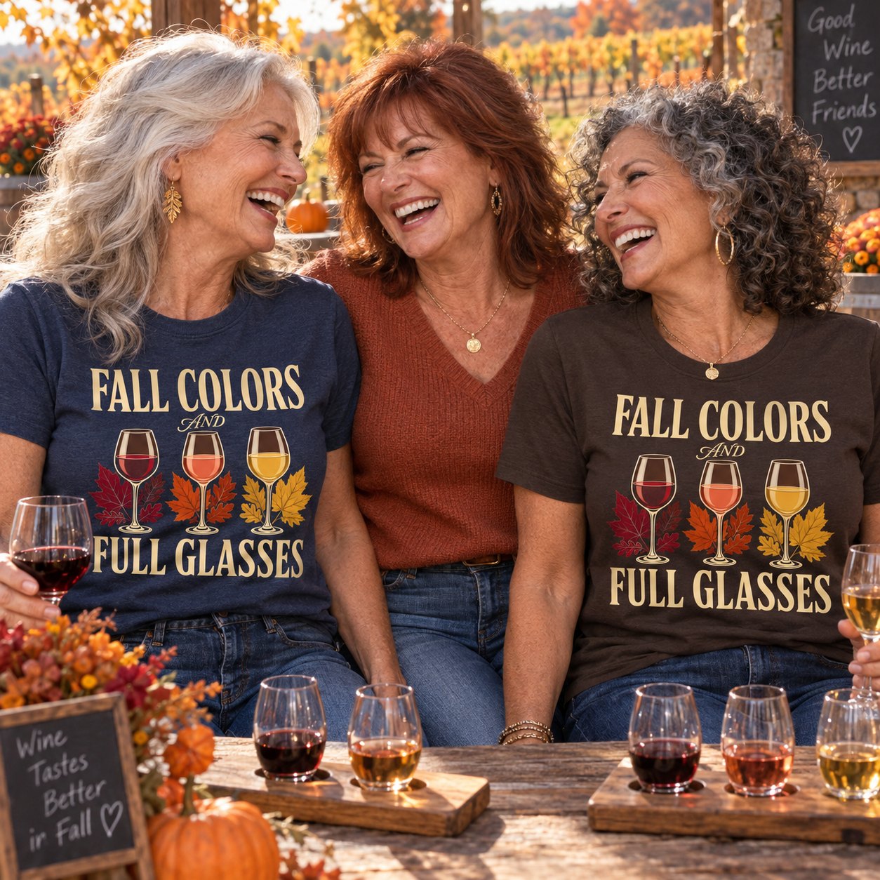 Three friends sharing a wine flight in October in Fall Colors shirts