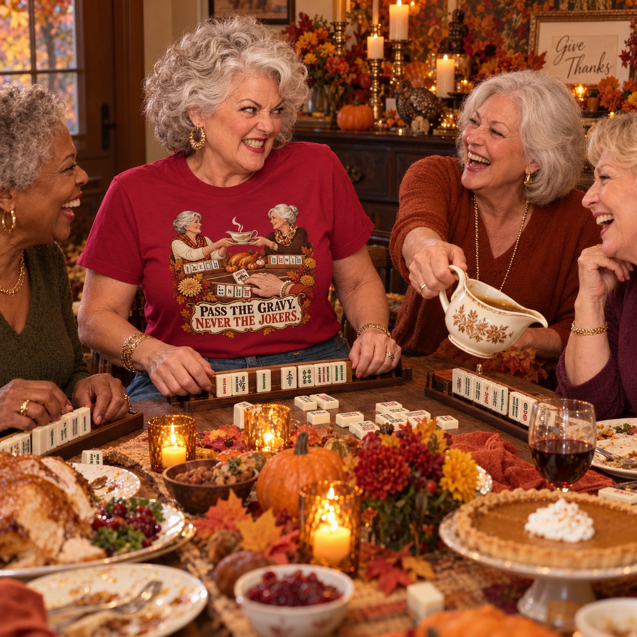 Four friends playing mahjong after Thanksgiving dinner in the Pass The Gravy shirt