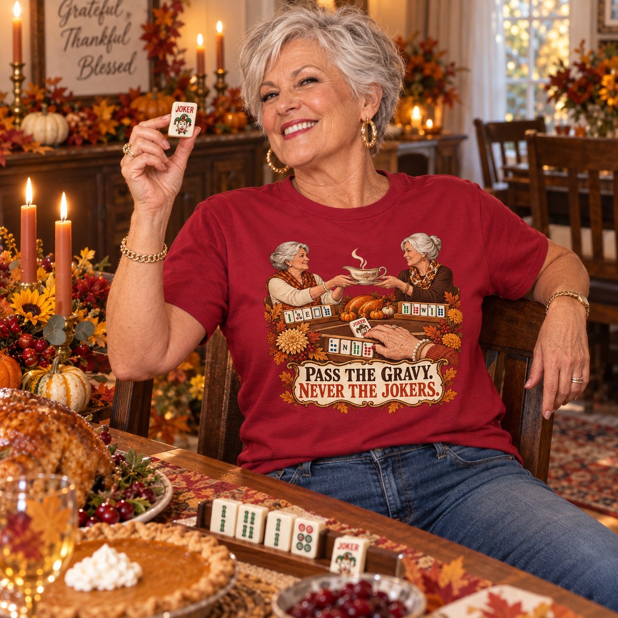 A woman holding up a joker tile at a Thanksgiving table in the Pass The Gravy shirt