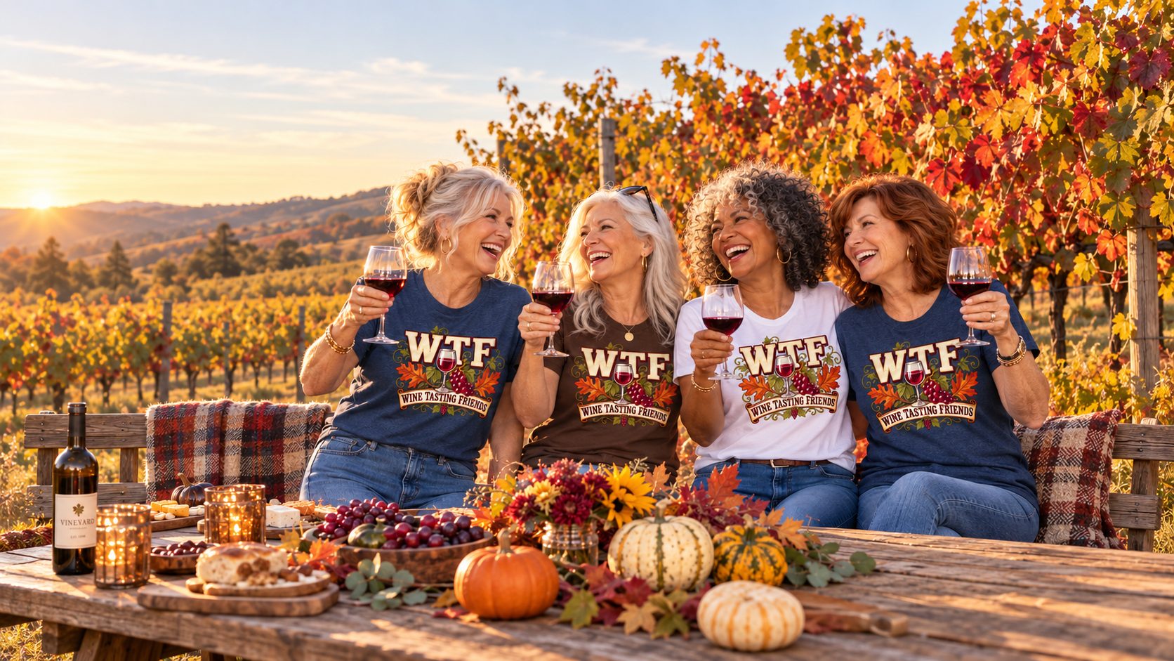 Four friends in their 60s laughing over wine at a fall vineyard table, wearing WTF Wine Tasting Friends shirts