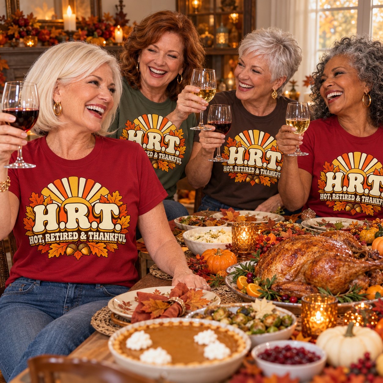 Four retired friends toasting at a Friendsgiving table in H.R.T. shirts