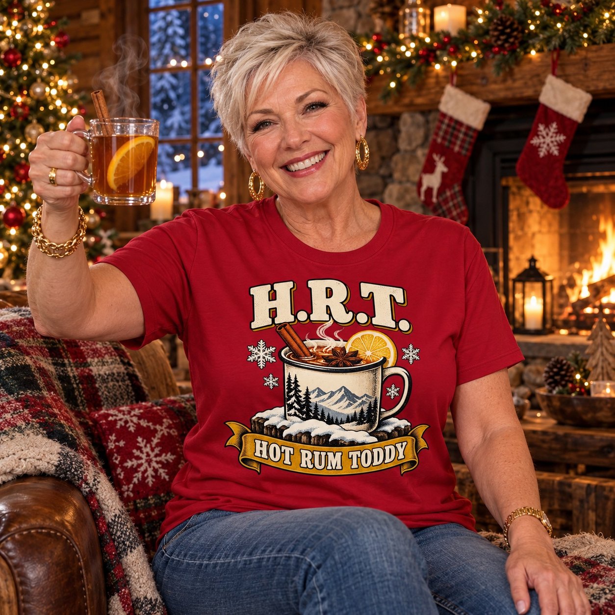 A woman raising a hot toddy by a lodge fireplace in the H.R.T. Hot Rum Toddy shirt