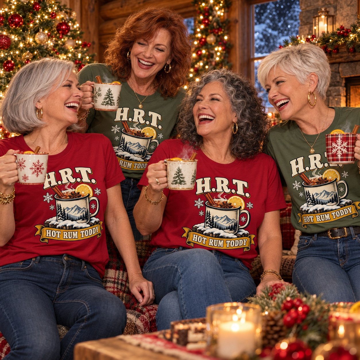 Four friends clinking mugs by the Christmas tree in a snowy cabin in H.R.T. Hot Rum Toddy shirts