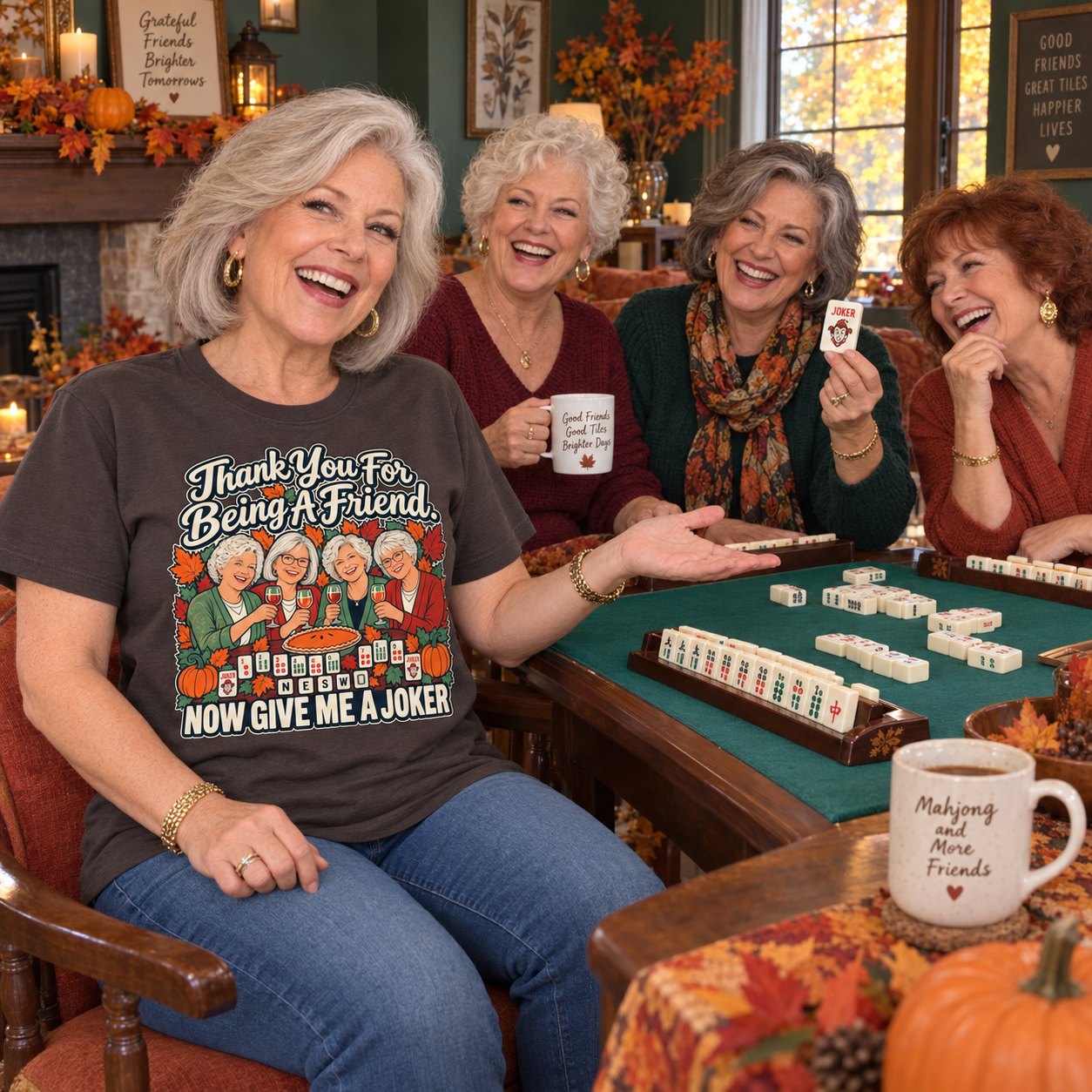 Four friends laughing over a mahjong table in fall, one asking for a joker, in the Thank You For Being A Friend shirt