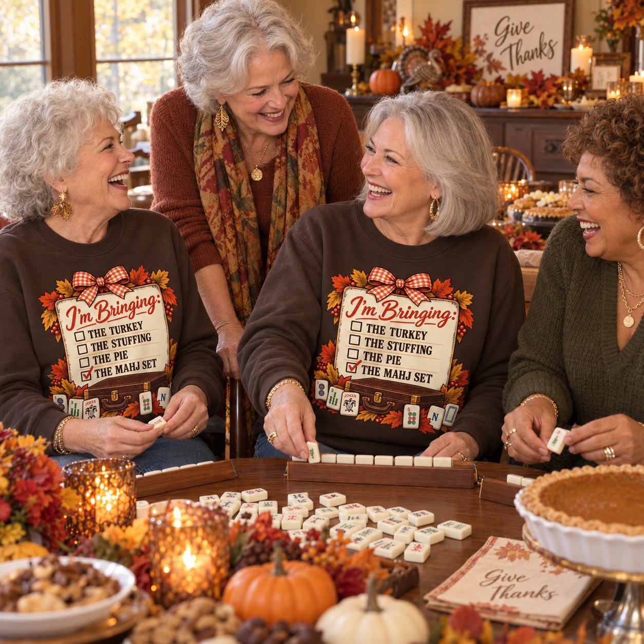 Four friends setting up mahjong beside a Thanksgiving dessert table in Mahj Set sweatshirts