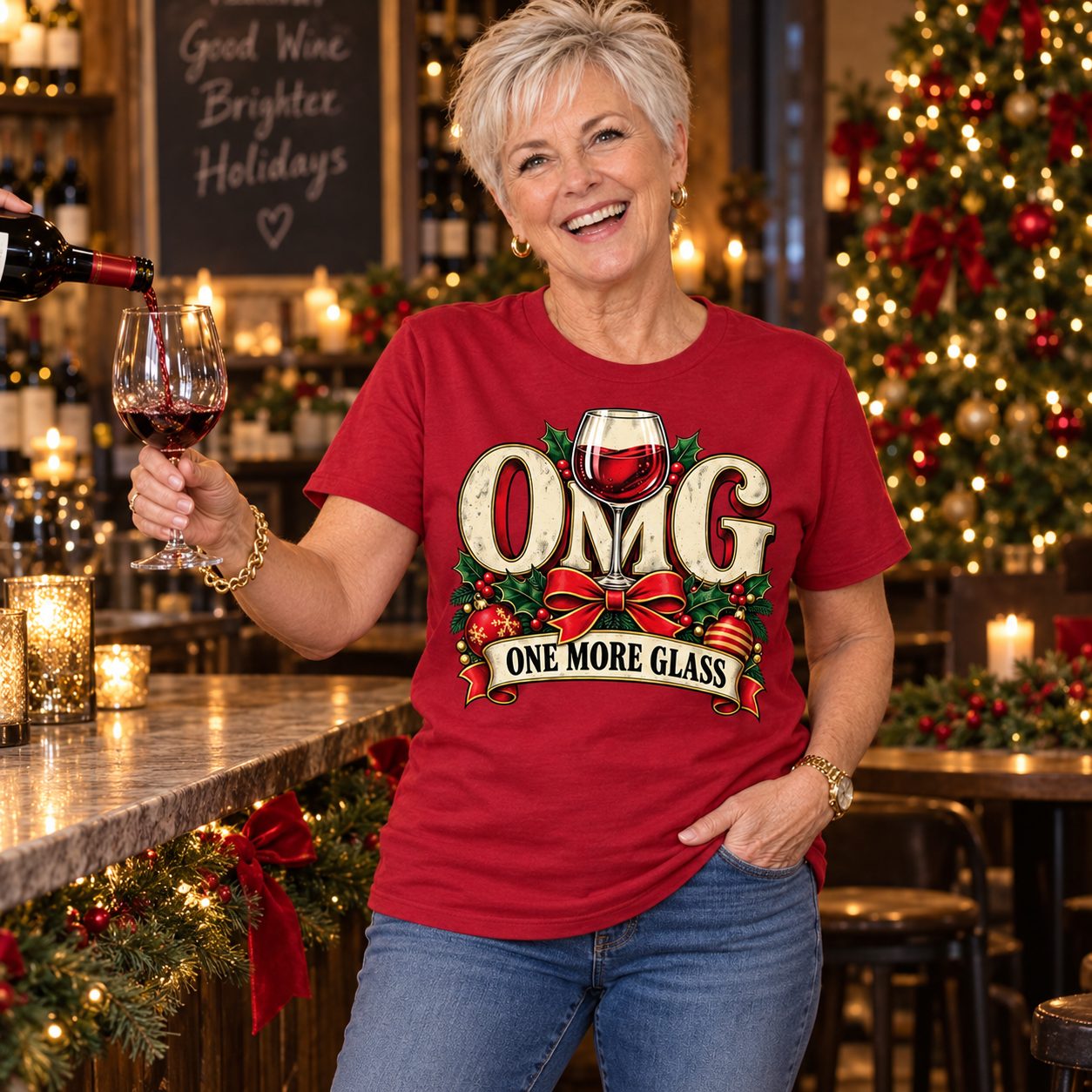 A friend holding her glass out for one more at a Christmas wine bar in the OMG shirt