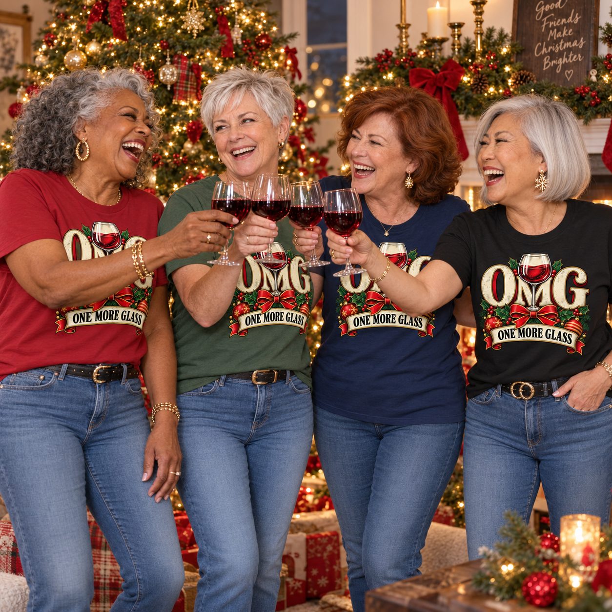 Four friends in their 60s toasting by a Christmas tree in OMG One More Glass shirts