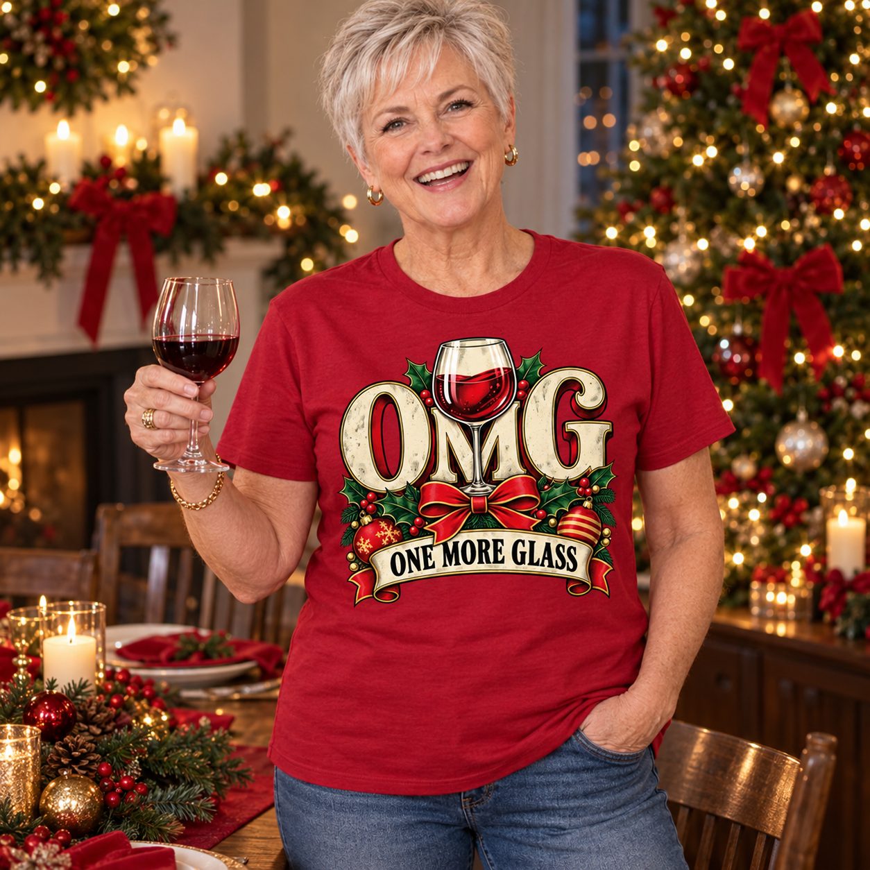 The OMG print up close, with ornaments and a glass of red