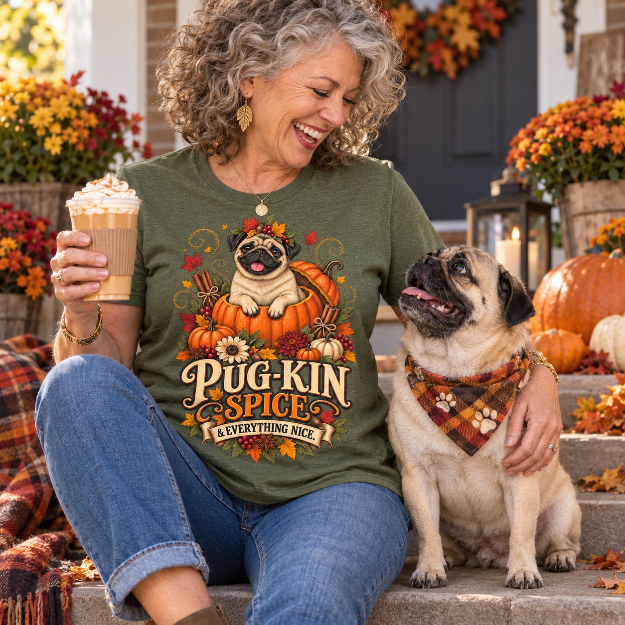 A woman laughing on her fall porch with her pug in the Pug-Kin Spice shirt