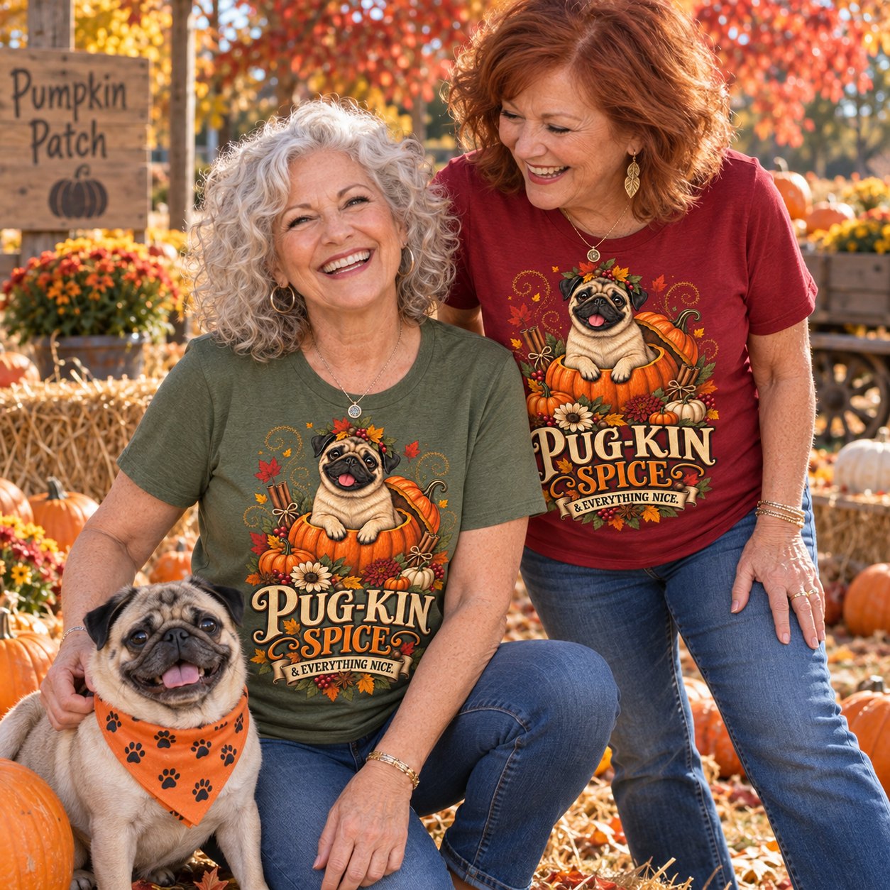 Two friends with a pug at a pumpkin patch in Pug-Kin Spice shirts