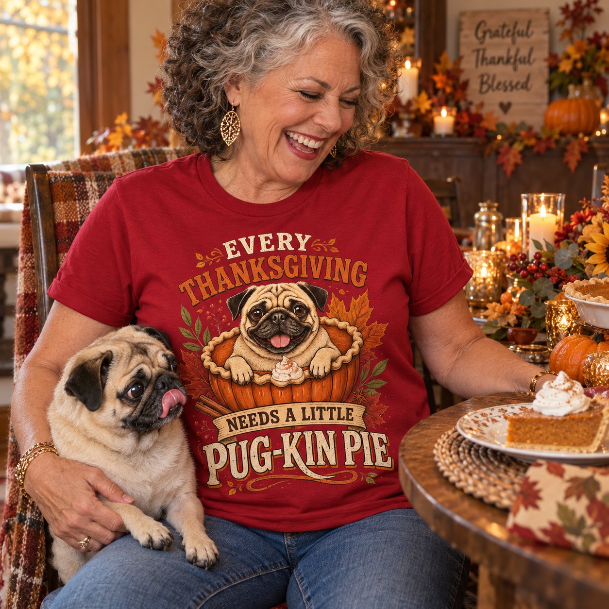 A woman at Thanksgiving with her pug eyeing the pumpkin pie in the Pug-Kin Pie shirt