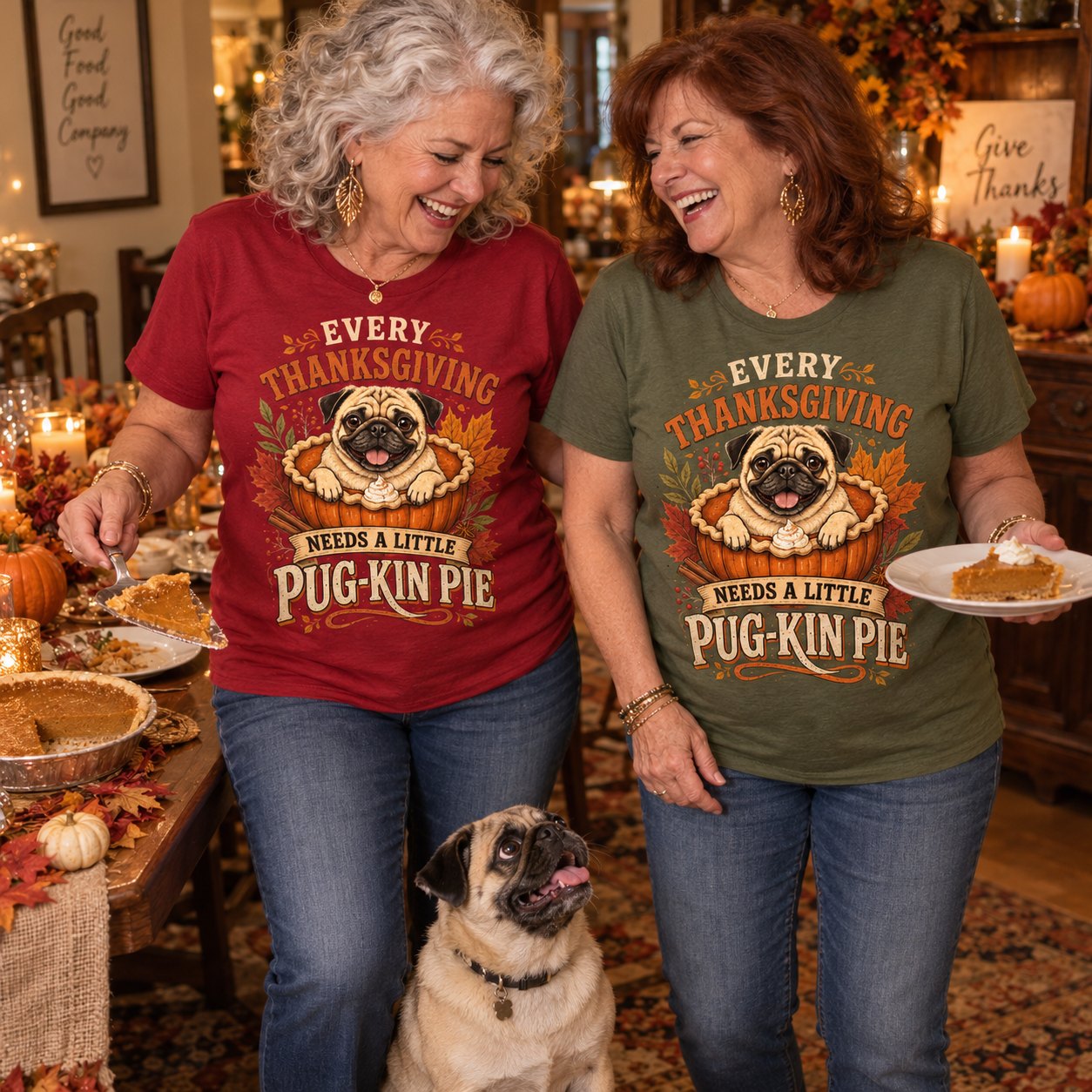 Two friends serving pie while a pug begs, in Pug-Kin Pie shirts