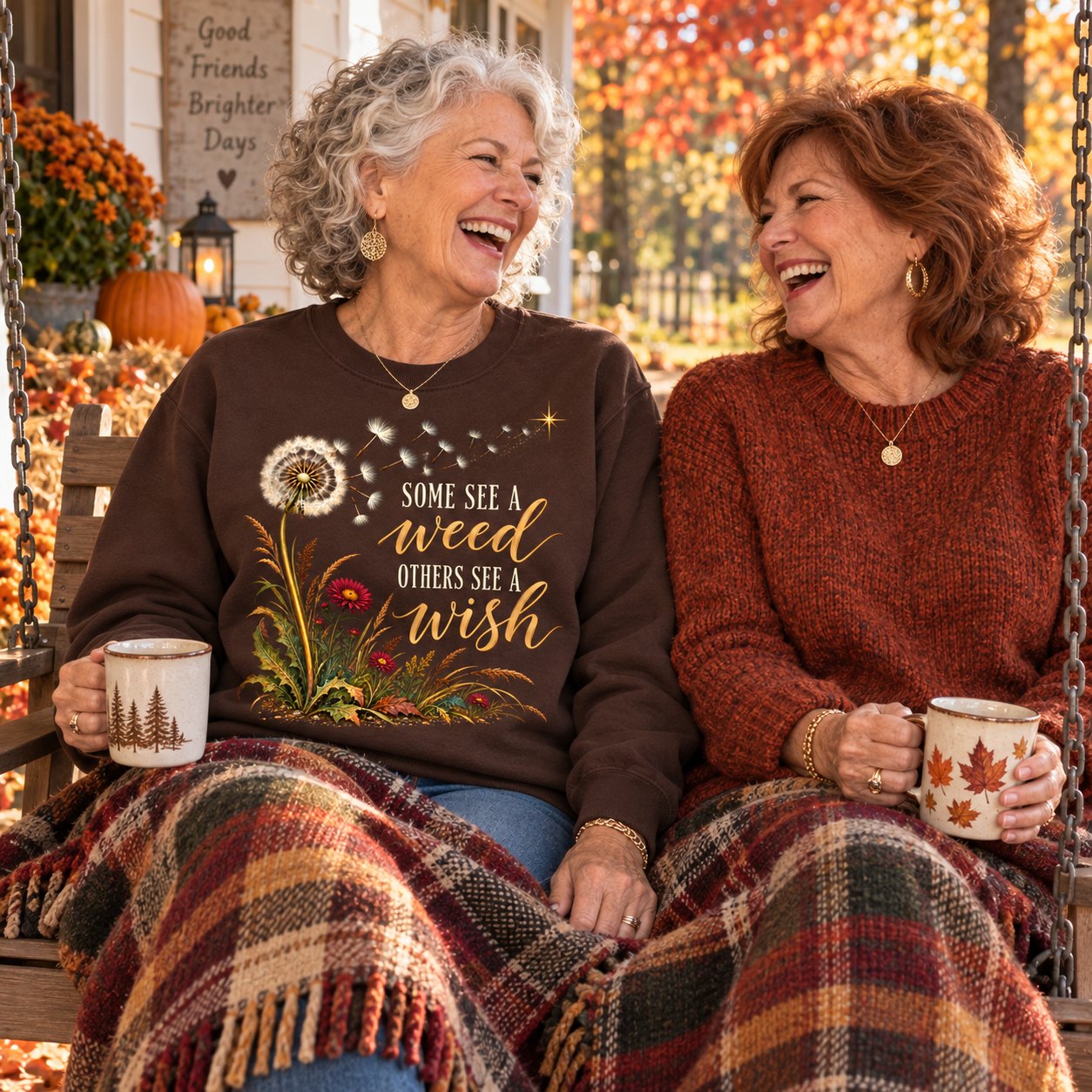 Two friends on a fall porch swing, one in the Some See A Weed sweatshirt