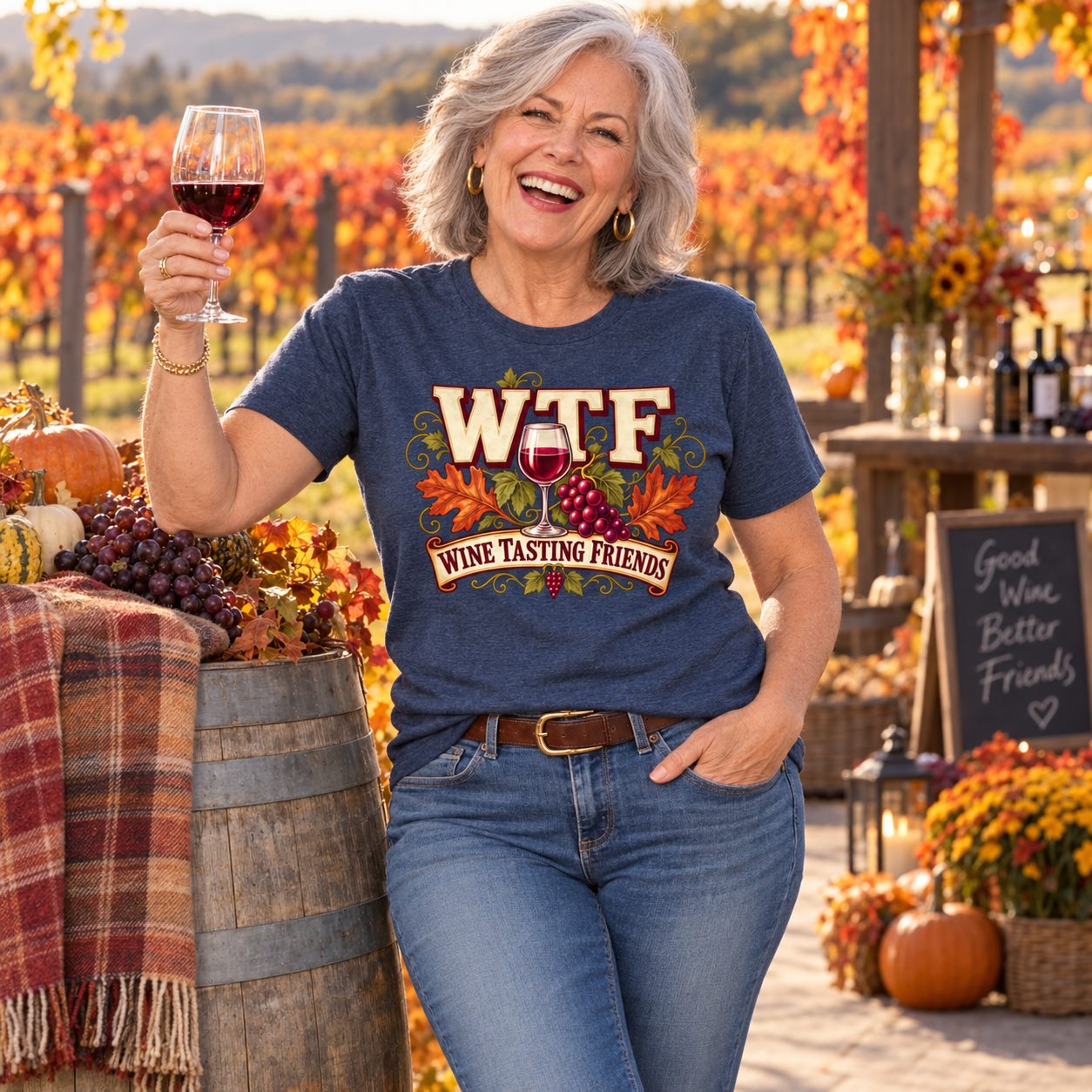 A friend in her 60s raising a glass at a fall vineyard harvest party in the WTF shirt