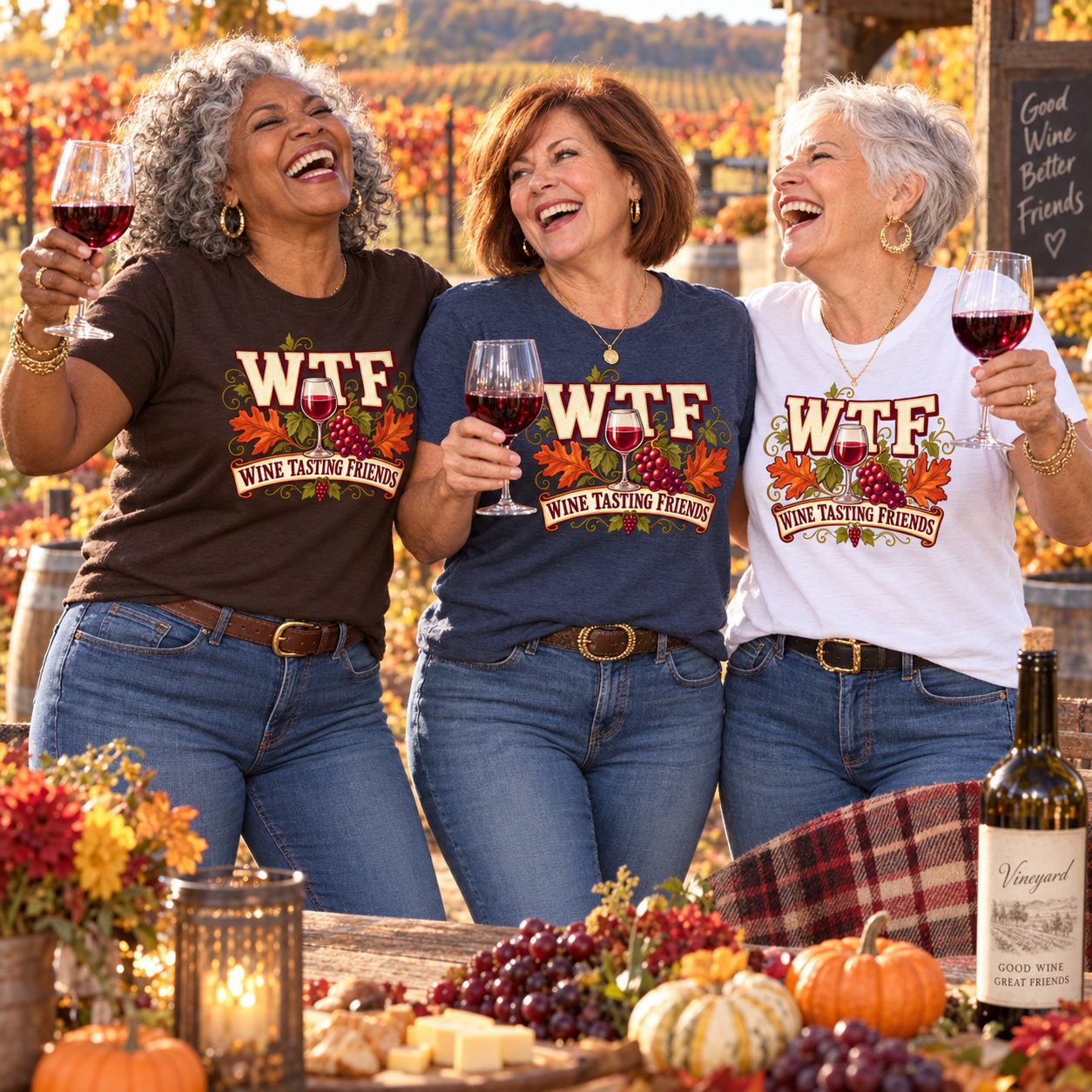 Three friends in their 60s laughing at a fall harvest table in WTF Wine Tasting Friends shirts