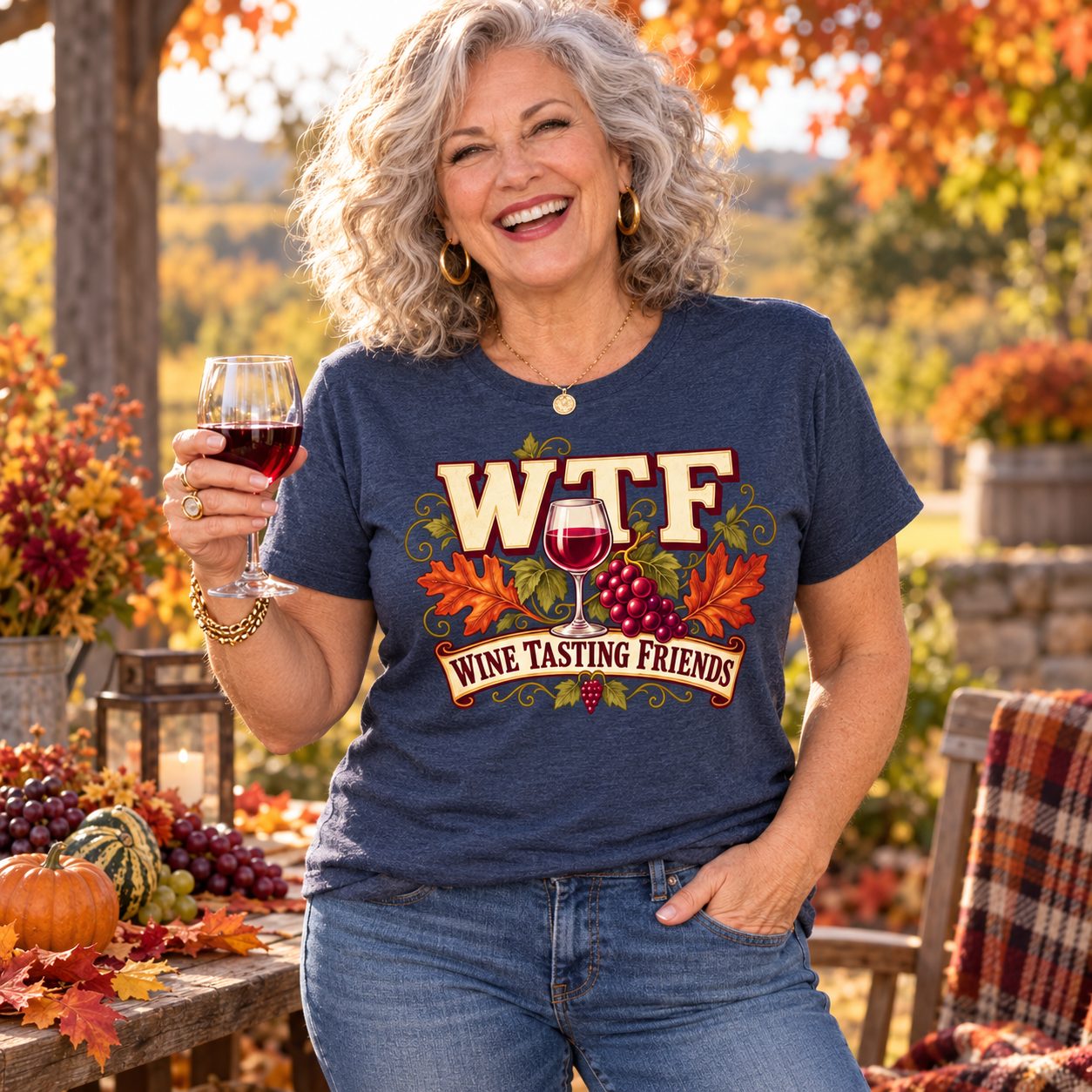 The WTF print up close, with fall leaves and a glass of red